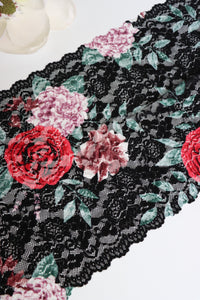 Rose Garden on Black 11" Wide Stretch Lace