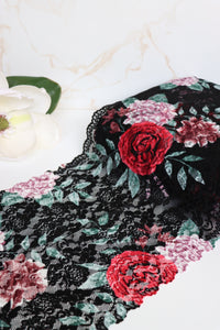 Rose Garden on Black 11" Wide Stretch Lace
