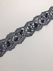 Load image into Gallery viewer, Navy &amp; Silver 2.25&quot; Wide Stretch Lace
