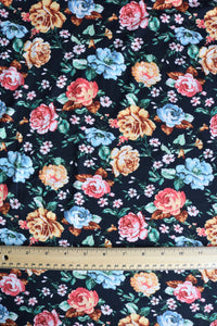 4YD 18IN REMNANT; Farrah Floral on Black Double Brushed Poly