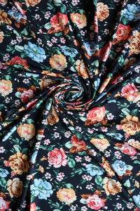 4YD 18IN REMNANT; Farrah Floral on Black Double Brushed Poly