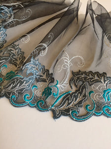 Black/Blue/Metallic Gray 7.25" Wide Embroidered Lace Trim