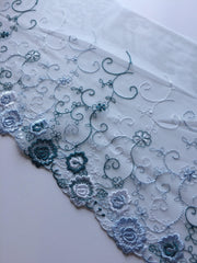 Load image into Gallery viewer, Teal/White/Periwinkle 9" Wide Embroidered Lace Trim