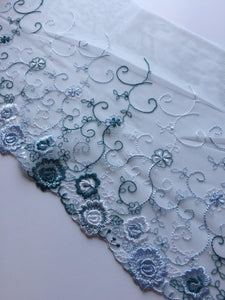 Teal/White/Periwinkle 9" Wide Embroidered Lace Trim
