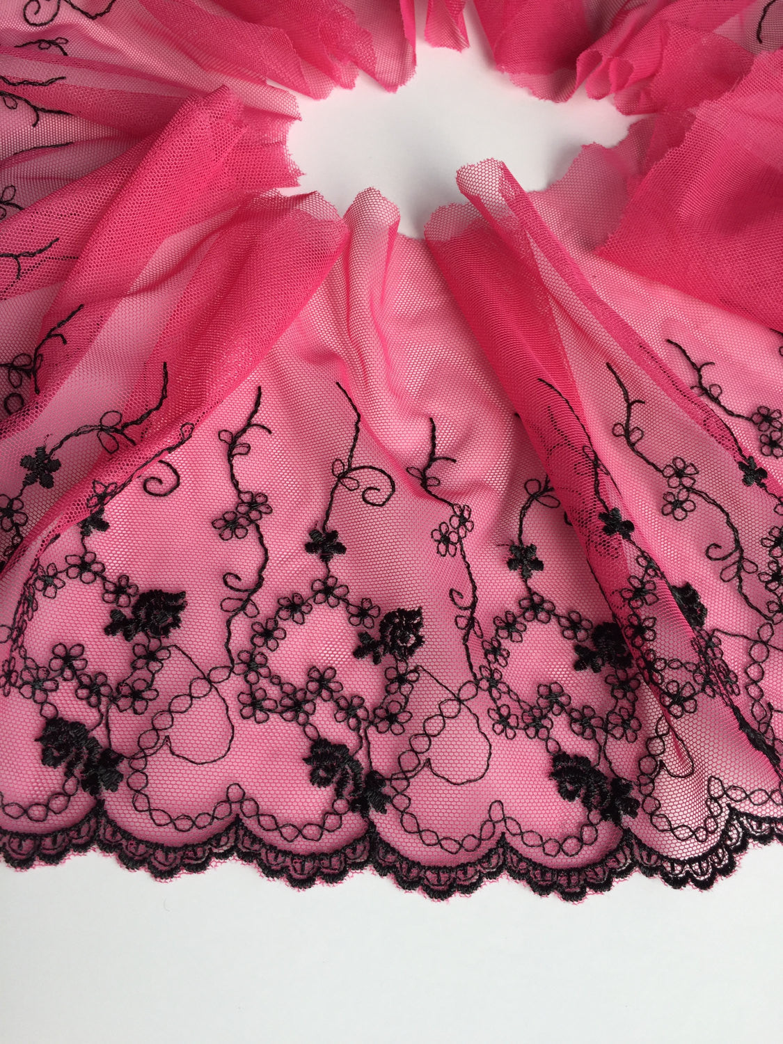 Pink & Black 7 Wide Embroidered Lace Trim