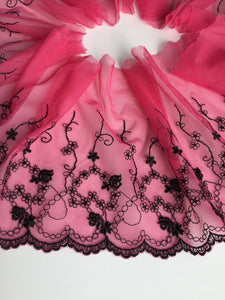 Pink & Black 7" Wide Embroidered Lace Trim