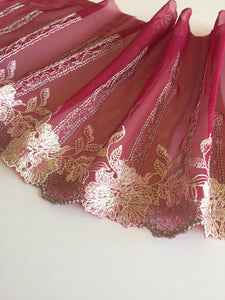 Burgundy/Beige/Pink/Gray 8" Wide Embroidered Lace Trim