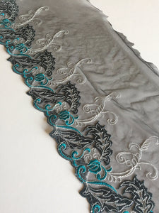 Black/Blue/Metallic Gray 7.25" Wide Embroidered Lace Trim