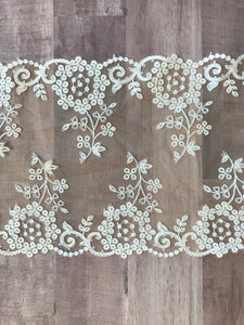 Beige & White 7" Wide Embroidered Lace Trim